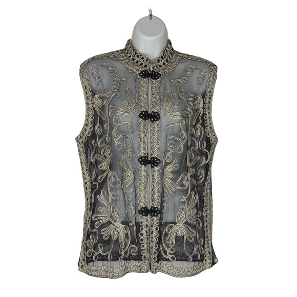 Ming Da Elegant Black Gold Embroidered Sheer Soutache Ribbon Vest Extra Large - Picture 2 of 10